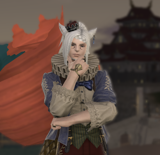 In-game screenshot of Angel, a white haired male miqo'te wearing a colorful circus-esque outfit